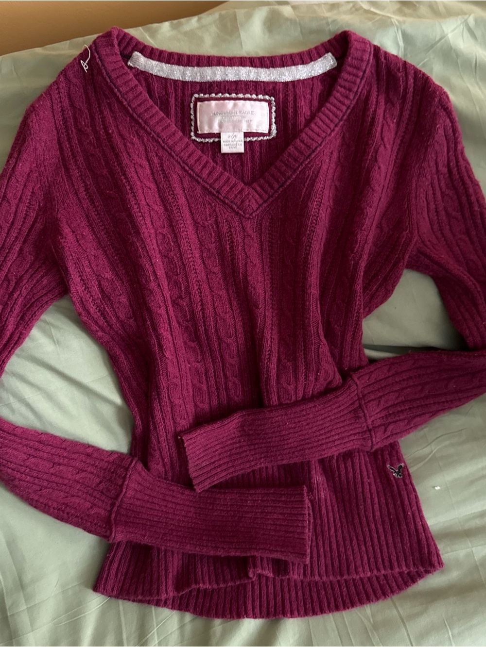 American Eagle Outfitters Cable-Knit V-Neck Sweater - Berry